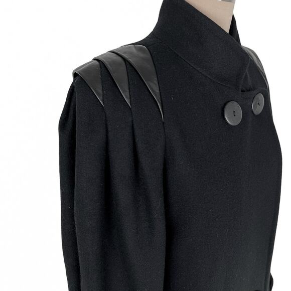 Dark Navy Wool Blend Coat Size 8 Leather Accents Lined Double Breast Long Vtg - Picture 5 of 15